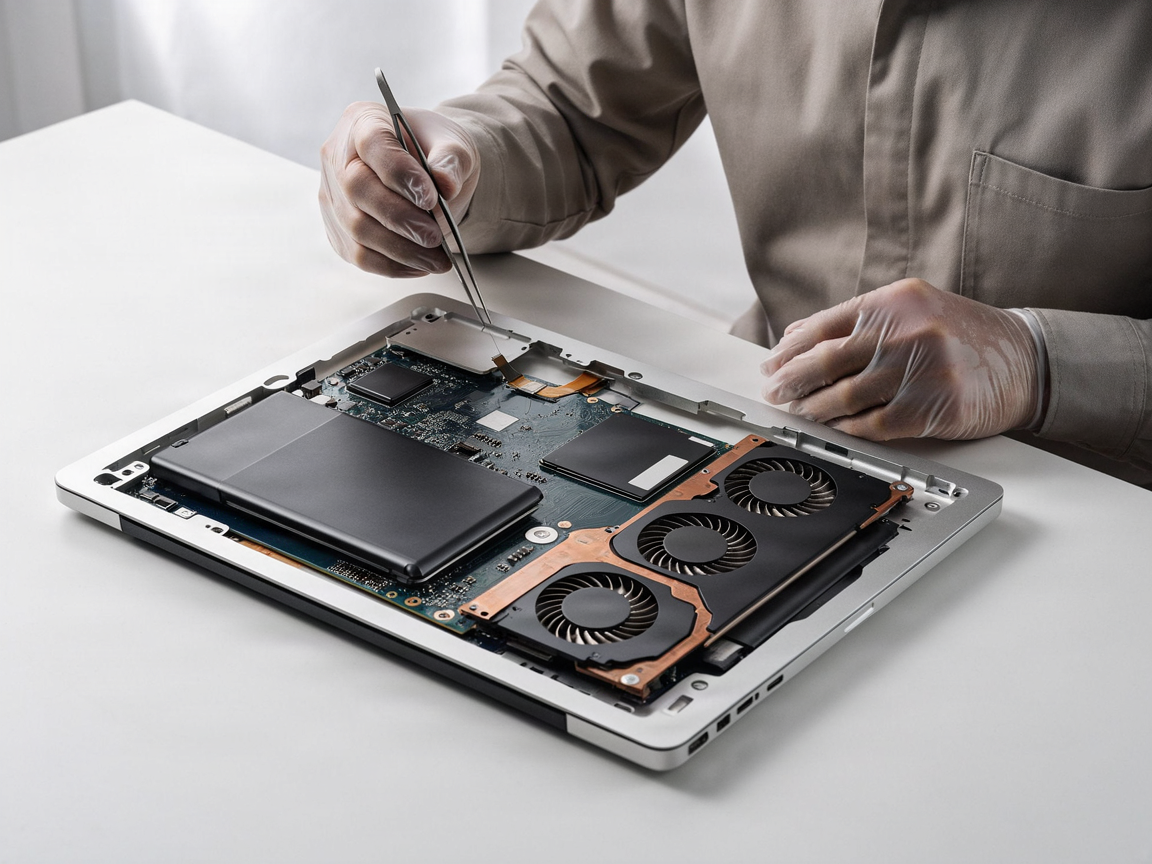Certified technician working on diagnostic board of a modern high-performance laptop