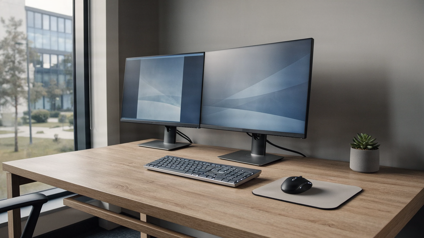 Clean modern business workstation with dual monitors in a professional office